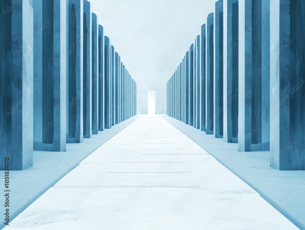 A serene pathway of blue pillars leads to a bright entrance, creating a sense of depth and tranquility in a minimalist environment.