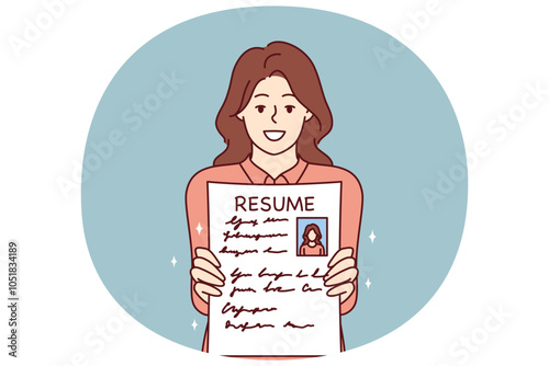 Woman shows resume to find job and smiles, wishing to get vacant position in large corporation. Concept recruiting business or help in writing resume for job seekers looking for job with big salary