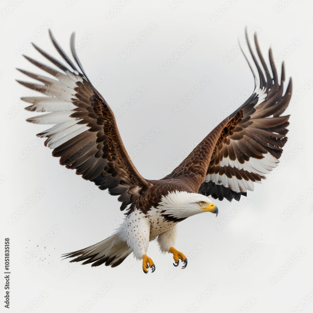 Obraz premium A 3D rendering of a bald eagle (Haliaeetus leucocephalus) perched on a tree branch, highlighting its distinctive white head and tail against a natural backdrop.
