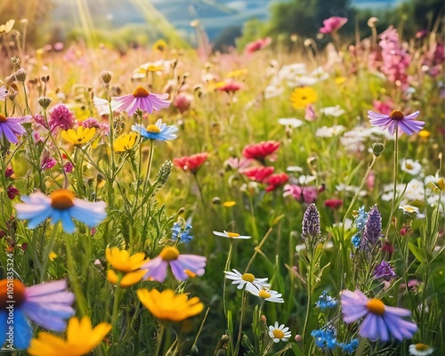 Vibrant Wildflower Meadow with Sunbeams, Blue Sky, and Bokeh Lights - Nature Background Banner with Copy Space - Perfect for Summer Greeting Cards & Spring Concepts