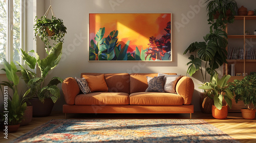 Aesthetic boho living room with a brown sofa, large colorful artwork on the wall, and lots of plants
