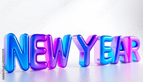 3D letters NEW YEAR with fluid glass effect, vibrant gradient colors of blue, purple, and pink, glossy and smooth texture, on white background, Happy New Year 2025 banner