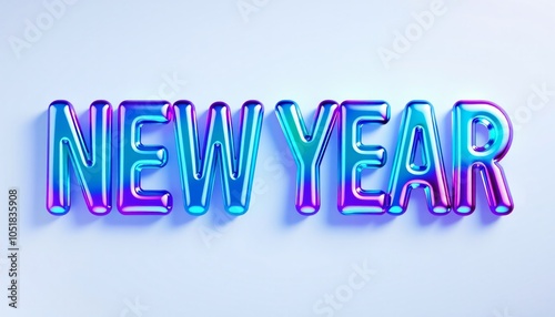 3D letters NEW YEAR with fluid glass effect, vibrant gradient colors of blue, purple, and turquoise, glossy and smooth texture, on pastel purple background, Happy New Year 2025 banner