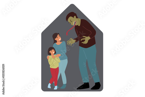 Domestic violence from tyrant man with green head shouting at woman and child suffering from toxic family atmosphere. Father alcoholism caused domestic violence and stress for mother and daughter