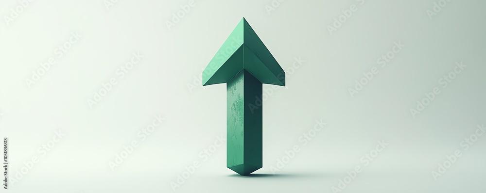 Stylized 3D illustration of a green upwardpointing arrow, showcased against a minimalistic white background, emphasizing direction and upward trends Stylized 3D illustration of a green upwardpointing arrow, showcased against a minimalistic white background, emphasizing direction and upward trends