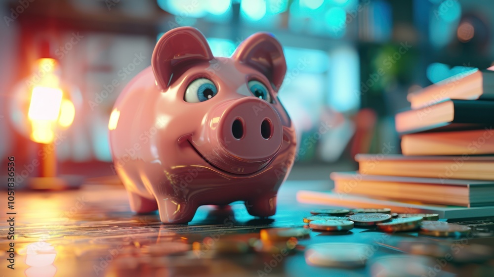 A cheerful piggy bank surrounded by coins and books, illuminated by a warm glow, symbolizing savings and financial education. A cheerful piggy bank surrounded by coins and books, illuminated by a warm glow, symbolizing savings and financial education.