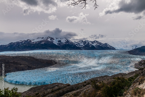 Impressive outlook on Grey Glacier from Paine Grande to Refugio Grey, along lake grey in Torres Del Paine national park, Patagonia, Chile. photo