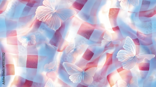 A seamless gingham fabric featuring butterflies with translucent wings in light pastel colors, scattered across the gingham, hd quality, ethereal appearance, textile design, soft texture,