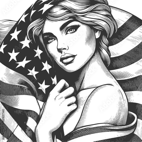 graceful woman draped in the American flag, serene and patriotic expression in vintage-style artwork sketch engraving generative ai vector illustration. Scratch board imitation. Black and white image