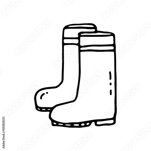 Rubber boots. Autumn shoes. Doodle. Vector illustration. Hand drawn. Outline.