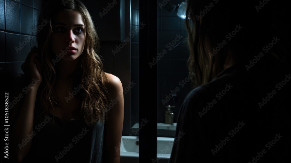 The image of a young woman standing in front of a mirror in a darkened bathroom is a concept that represents depression, loneliness, stress, anxiety, and loneliness. The image of a young woman standing in front of a mirror in a darkened bathroom is a concept that represents depression, loneliness, stress, anxiety, and loneliness.