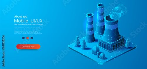 Low-poly 3D vector illustration of an industrial power plant emitting smoke, represented through a futuristic wireframe and polygonal design. Factory low-poly compound structure.