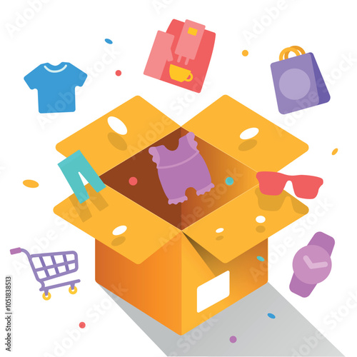 Shopping, a box with purchases and gifts on a white background, shopping bag, 