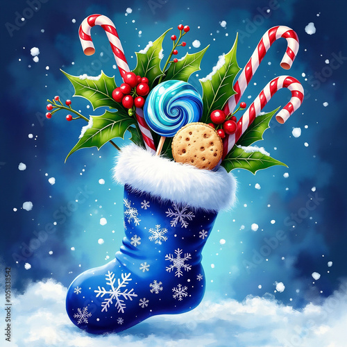 A festive blue Christmas stocking adorned with white fur trim is filled with treats and decorated with holly and snowflakes blue background photo