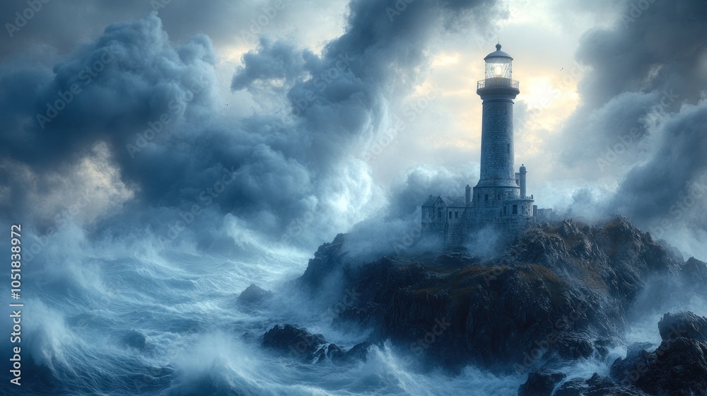 A lighthouse stands on a rocky shore amidst turbulent waves and clouds. A lighthouse stands on a rocky shore amidst turbulent waves and clouds.