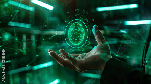 Wallpaper Mural in the palm of the hand there is a green projection of the brains icon in a circle, neon glow, turn on intelligence, copy space Torontodigital.ca