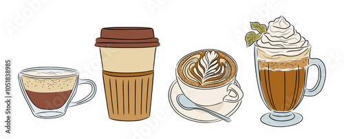 Set of Coffee cups colored outline drawings. Vector illustration isolated on transparent background. Espresso, cappuccino, take away disposable coffee cup collection.	