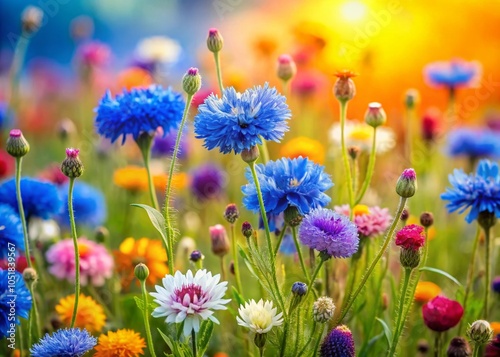 Aerial Photography of Wildflowers and Cornflowers in Watercolor Style for Botanical Illustrations