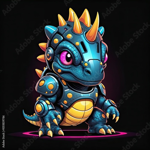 A blue and yellow armored dragon stands on a glowing circle, its pink eyes gazing forward photo