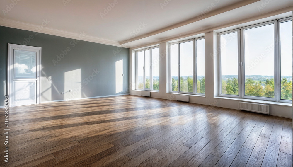 Fototapeta premium Helle, moderne Wohnung mit Panoramafenstern und Naturblick