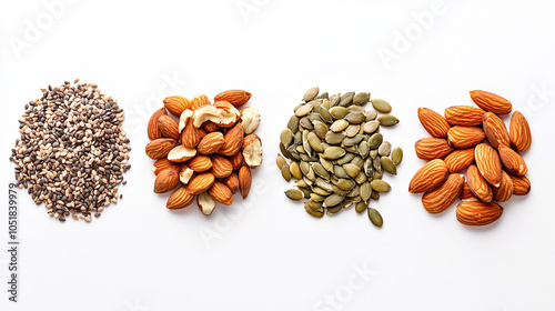 Mixed nuts and seeds healthy food isolated on white background