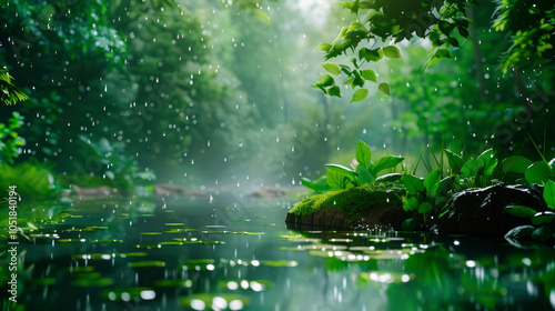 the surface of the lake water above it is fog, stones nearby, rain, early morning, a calm place for meditation, copy space