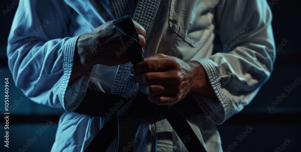 Fototapeta premium A panoramic close-up of a caucasian mans hand gripping a Brazilian jiu-jitsu black belt, wrapped around his waist, wearing a white kimono gi, isolated against a dark background, photorealistic detail