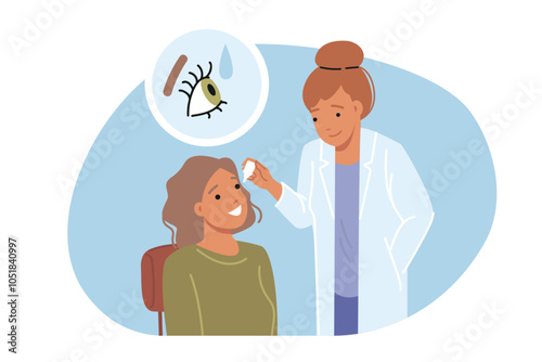 Doctor uses eye drops to treat dry pupils to help little girl treat DES that is causing discomfort. DES syndrome in child visiting kind woman pediatrician helping to save eye and vision