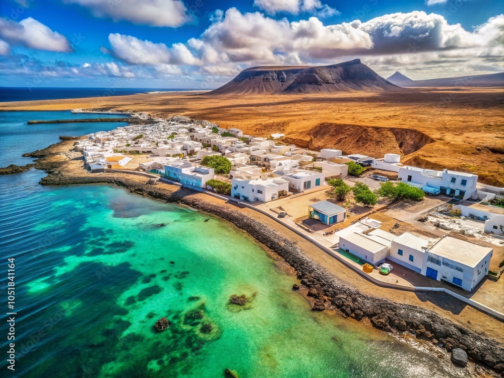 Fototapeta premium Aerial View of Caleta del Sebo Village on Graciosa Island, Lanzarote, Spain - Scenic Coastal Landscape