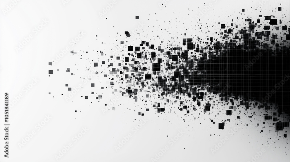 Abstract Digital Dispersion of Black Squares on White Background Abstract Digital Dispersion of Black Squares on White Background