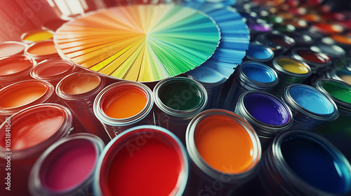 Colorful Paint Cans And Swatches Close Up Vibrant Paint Colors Display