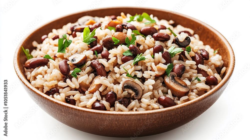 Rice with beans and mushrooms healthy food isolated on white background Rice with beans and mushrooms healthy food isolated on white background