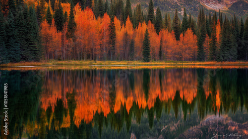 静かな湖の紅葉の反映