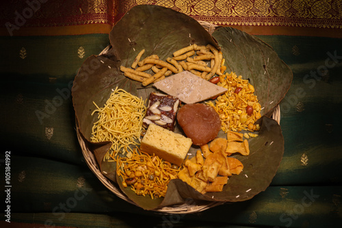 multiple milk flour south indian  sweets placed on banana leaf photo