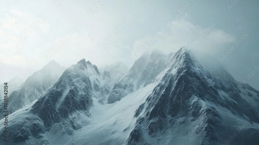 Obraz premium Snowy mountains under cloudy sky, majestic peaks, serene atmosphere