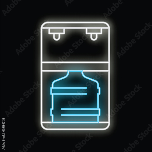 Neon water cooler dispensing refreshing water into glass on black background