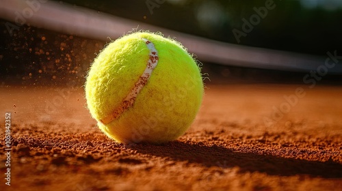 A tennis ball on a clay court with dust. Perfect for illustrating the sport of tennis.