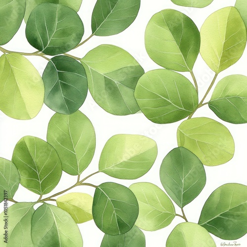 Green Fig Leaves Watercolor Art on White Background with Intricate Details