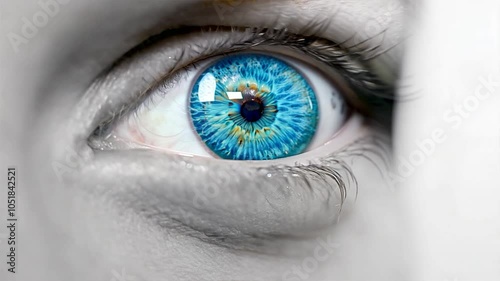 Angled close-up of a blinking female blue-eye