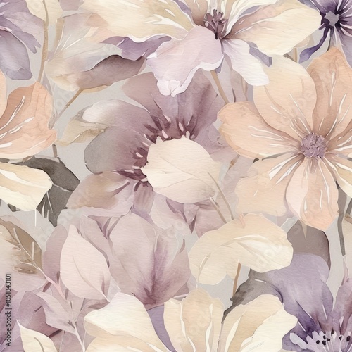 Seamless floral pattern featuring delicate watercolor flowers in light pink and beige tones.