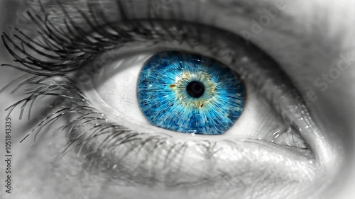 Close-up of a woman’s eye with vivid blue iris