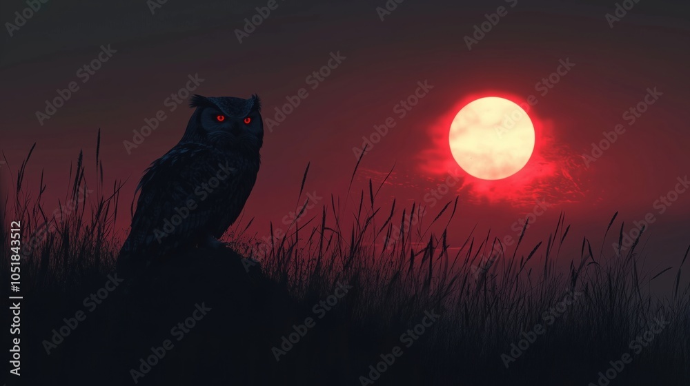 Fototapeta premium Owl silhouette against red sun, dark grass, eerie atmosphere