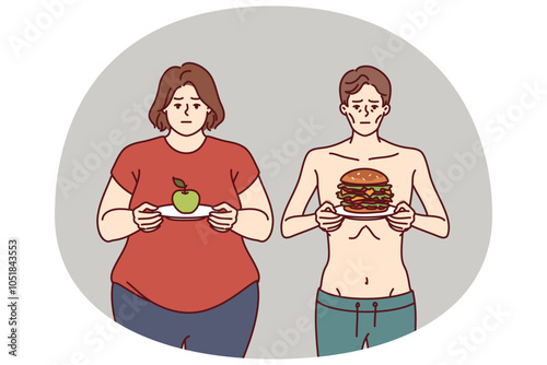 Improper diet led to anorexia or obesity due to metabolic problems or not meeting norm of calories and carbohydrates. Thin man and fat woman need right diet and help of nutritionist doctor