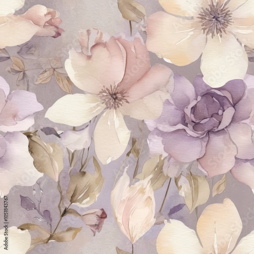 Seamless floral pattern featuring delicate watercolor flowers in light pink and beige tones.