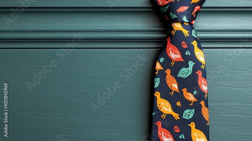 Whimsical turkey print tie in bright colors, ideal for a fun Thanksgiving celebration photo