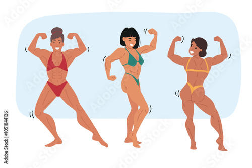 Women bodybuilding competition, with models showing off muscular bodies and big biceps, standing in bikinis. Girls are fond of bodybuilding and lead sporty lifestyle to defeat rivals