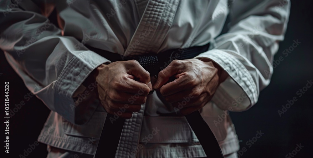 Naklejka premium A panoramic close-up of a caucasian mans hand gripping a Brazilian jiu-jitsu black belt, wrapped around his waist, wearing a white kimono gi, isolated against a dark background, photorealistic detail