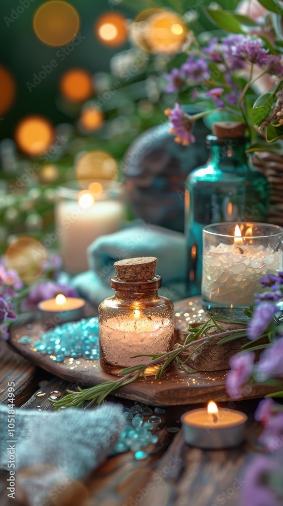 A serene arrangement of candles, decorative bottles, and floral accents, creating a tranquil and enchanting atmosphere. A serene arrangement of candles, decorative bottles, and floral accents, creating a tranquil and enchanting atmosphere.