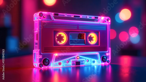 Transparent audio cassette tape glowing with neon pink and blue lights on reflective surface evokes retro music and eighties nostalgia with colorful bokeh background