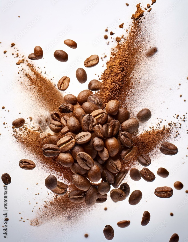 Obraz premium Explosión de granos de café arabica tostatos, Fondo blanco